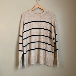 Aerie Women Beige Black Striped Knit Oversized Sweater Crew Neck Size S